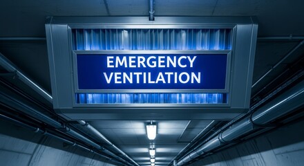 Emergency Ventilation Sign in a Dark Tunnel Illuminating a Blue Message Lighting