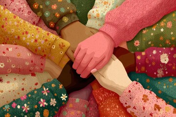 Teamwork and unity among diverse hands joined in a colorful, floral sweater circle