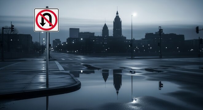 Evening City Reflection: No U-Turn Sign Amidst Urban Twilight And Architectural Silhouette