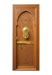 Ornate Arabic wooden door with intricate carvings and brass hardware. cutout on transparent background