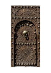 Moroccan carved wooden door panel with brass lion knocker. cutout on transparent background