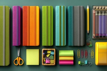 Colorful stationery and desk supplies arranged in an organized flat lay display