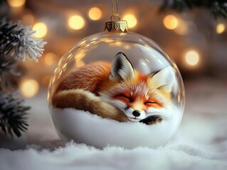 Hyperrealistic digital art of a cute fox sleeping in a glass ball ornament with glowing snow and twinkling lights, on white fur background. Festive, cozy scene for holiday decorations, greeting cards,