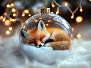 Cute fox sleeping inside empty glass ball ornament with glowing snow and twinkling lights, on white fur. Festive, cozy hyperrealistic scene for holiday decor, greeting cards, social media, 