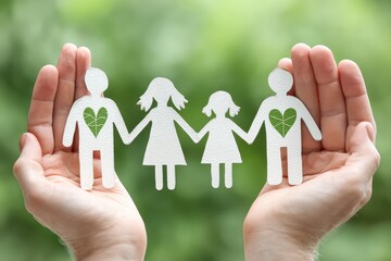 A pair of hands cradle paper cutout family figures holding hands, symbolizing unity and care