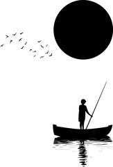 Silhouette Boatman Under a Dark Sun

Minimalist Rowing Scene with Reflection

Lone Boatman on Water – Black and White Art
