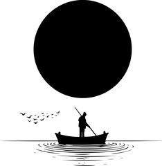 Silhouette Boatman Under a Dark Sun

Minimalist Rowing Scene with Reflection

Lone Boatman on Water – Black and White Art