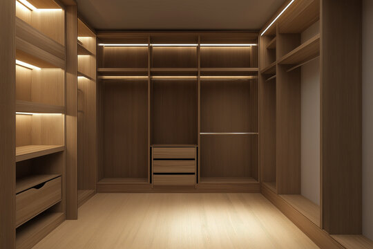 Modern walk-in wardrobe with warm wooden panels, built-in lighting, and minimalist shelving design creating an elegant and functional interior space