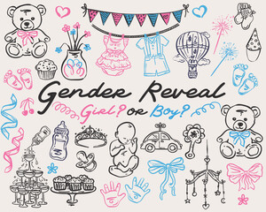 Gender Reveal Party Whimsical hand drawn vector illustration set