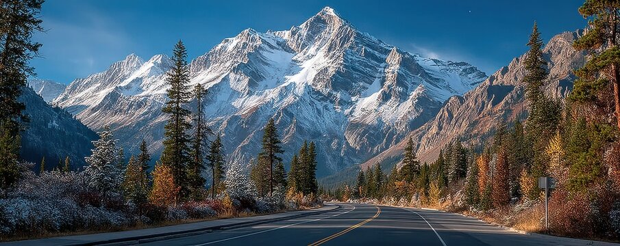 Empty highway winds toward snow-capped mountains under a clear blue sky through a pine forest valley