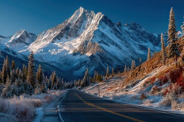 Snowy mountain road leads through pine forest to snow-capped peaks under a clear blue sky