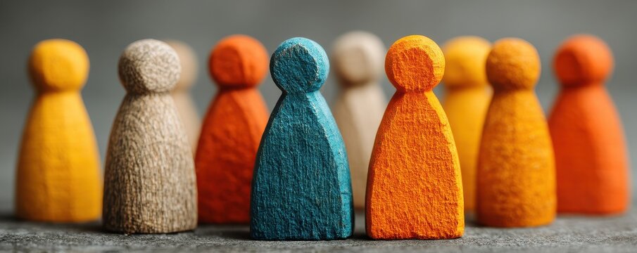 Colorful row of wooden toy figures in varied hues, representing unity and diversity