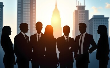 Silhouettes of a business team standing against a modern city skyline, with sunlight shining through the buildings. High quality