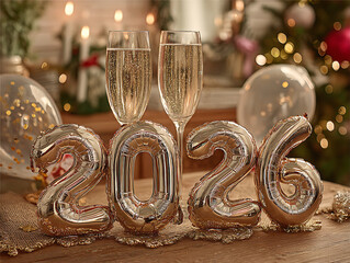 Celebration of the year twenty twenty six with champagne glasses and christmas tree in the background
