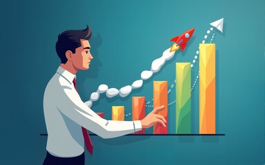 Startup business and investment concept. Businessman is touching the growing business graph. Planning and starting corporate business start up, Rocket icon soars with speed to hit the growth target.
