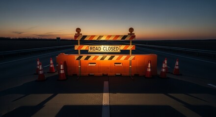 Evening Road Closure: Obstruction and Highway Safety Indicating Temporary Interruption