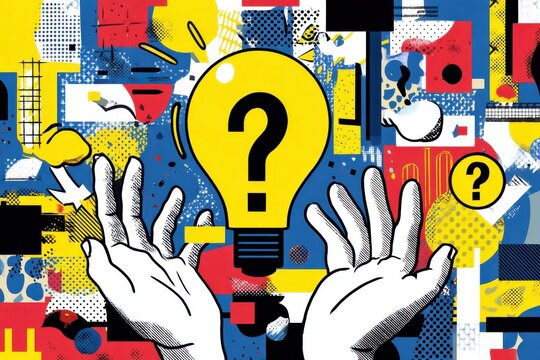 Creative ideas emerge as a bright yellow question mark bulb rises above hands in abstract art