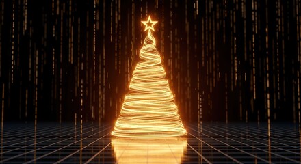 Radiant christmas tree glowing golden against a backdrop of shimmering lights on a grid floor conveys holiday magic