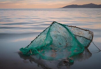Abandoned green fishing net rests on the tranquil shoreline during a soft, quiet sunset. 