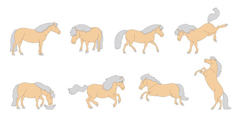 Set of cute ponyes in different poses and movements on white background