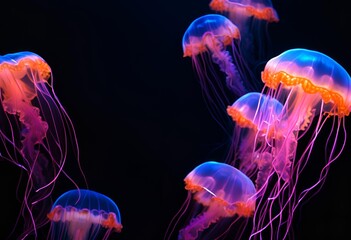 Ethereal, glowing jellyfish with long pink tentacles drift in the profound dark depths. 

