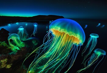 majestic swarm of luminous blue and green jellyfish swims under a dark night sky. 