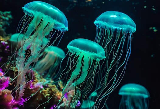 Luminous teal jellyfish drift elegantly near vibrant pink and purple coral formations.
