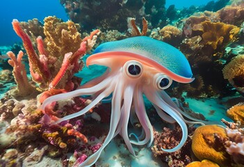 vibrant blue squid-like creature with large eyes rests on a colorful coral reef. 
