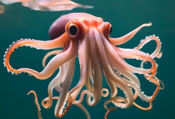 curious orange octopus with prominent eyes and flowing tentacles in clear blue-green water.