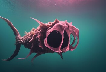 strange, monstrous pink creature with a massive open mouth swims in blue-green water. 