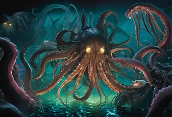 monstrous giant octopus with glowing eyes emerges from eerie, phosphorescent green water. 
