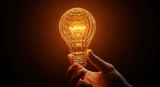 Hand holds a bright illuminated wireframe lightbulb suggesting idea innovation and inspiration on a warm brown background