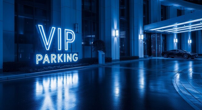 Exclusive VIP Parking Neon Sign Exterior View In The Modern Metropolitan Downtown
