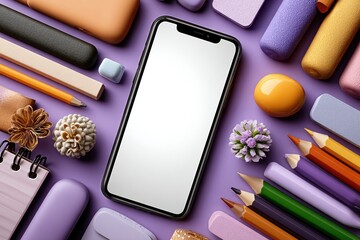 Smartphone on purple surface surrounded by colorful stationery items and decorations