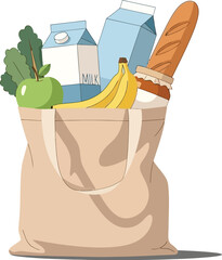 Canvas tote bag filled with fresh groceries, including fruit, bread, and milk, for healthy eating and shopping.