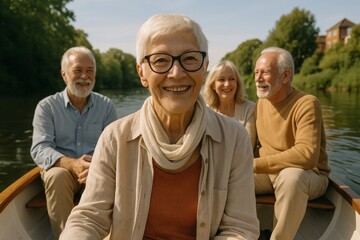 Happy seniors boating on calm river, smiling woman with friends enjoying leisure cruise on a sunny day.