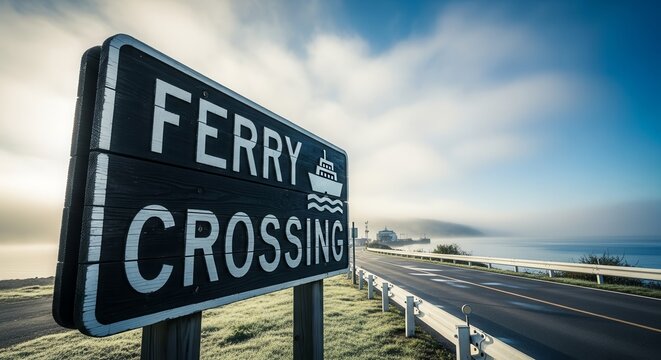 Ferry Crossing Signpost Guiding Towards Ocean Voyage During The Cloudy Day Landscape