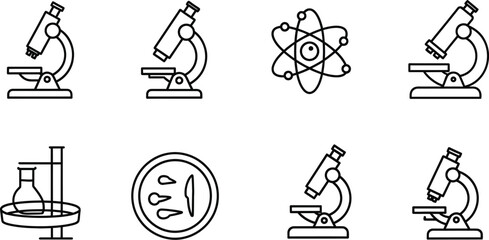 Collection of scientific icons featuring microscopes, atom symbol, and lab equipment