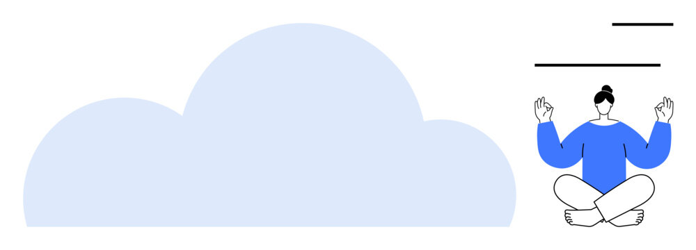 Person sitting cross-legged in meditation near abstract cloud shape. Ideal for mindfulness, mental health, relaxation, self-care, tranquility, spirituality, and wellness themes. A simple flat - Powered by Adobe