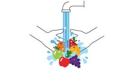 Hands gently washing fresh, colorful fruits and vegetables under a stream of clean water.