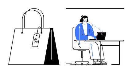 Online shopping. A shopping bag with a discount tag and a woman browsing online on a laptop illustrate online shopping convenience. Essential for eCommerce, retail, sales, marketing, and promotions