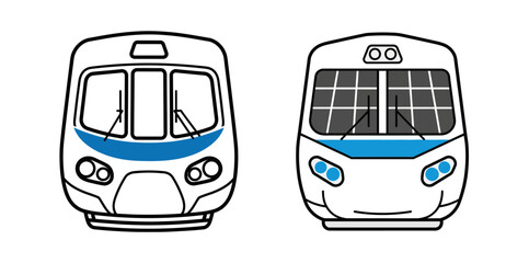 Two train fronts with different designs, one with a curved blue stripe and the other with a straight blue stripe.