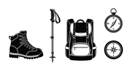 Essential outdoor adventure gear including hiking boots, trekking pole, backpack, and compasses.