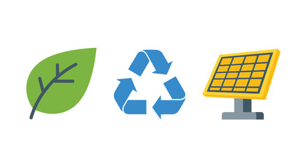 Sustainable energy symbols: leaf, recycle, and solar panel for eco-friendly concepts.