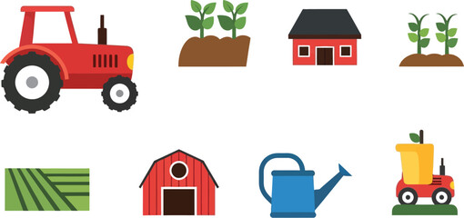 Charming farm elements including a tractor, barn, crops, and tools for agriculture.