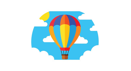 Vibrant hot air balloon soaring gracefully through a bright blue sky with fluffy clouds.