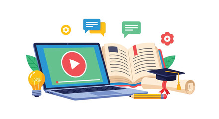 Digital learning concept with laptop, open book, graduation cap, and lightbulb on a white background
