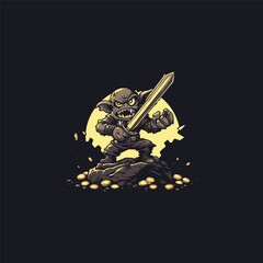 vector illustration of a goblin standing triumphantly on a pile of treasure coins and rocks, aggressively holding a large sword