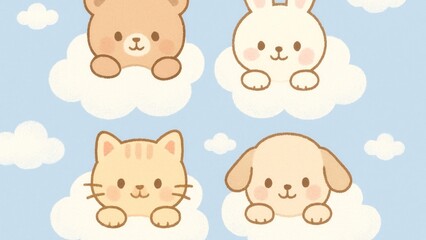 Obraz premium Cute animals on clouds wallpaper for desktop screen