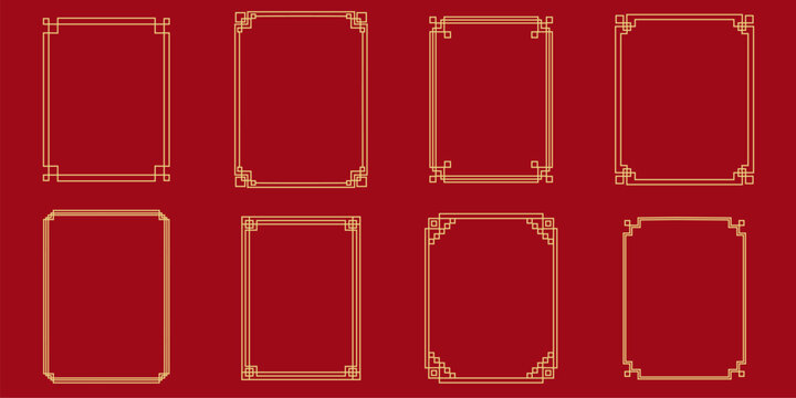 Korean traditional frames, line borders set with knot corners ornament. Chinese Asian new year frame outline retro.